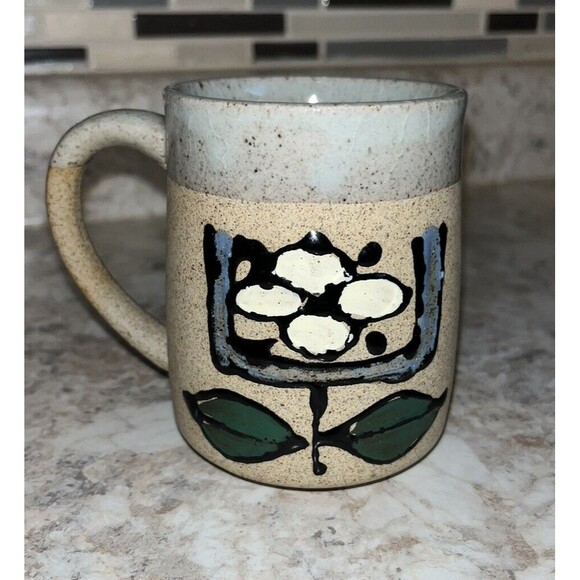 Vintage Flower Stoneware Coffee Mug Cup Floral Textured Two Sides Design - Picture 3 of 6